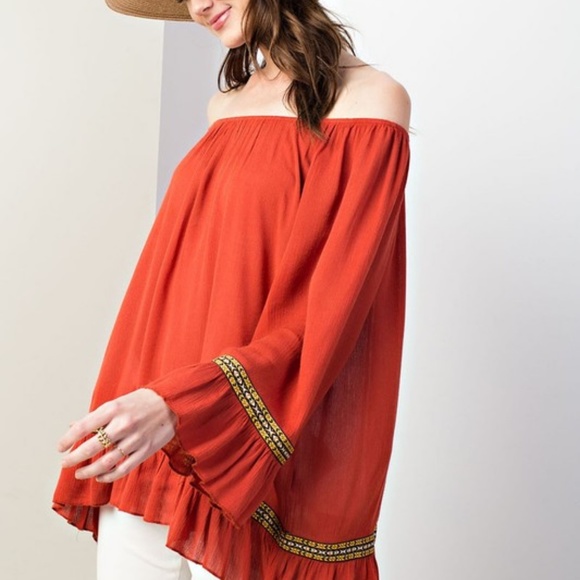 Pumpkin Orange Boho Bell Sleeve Tunic Top M NWT - Picture 3 of 5